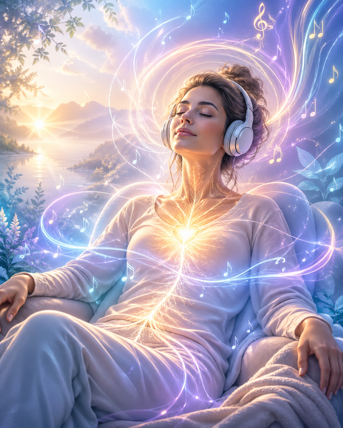 Person with headphones surrounded by soft sound waves